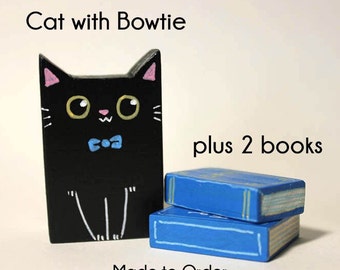 Miniature Solid Color Handmade Wooden Bowtie Wearing Cat with 2 Books - Unique painted wooden cat, kitty figurine, pet gift, cat lover gift