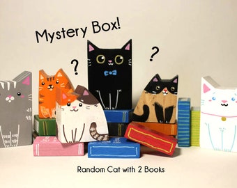 Mystery Box! Miniature Handmade Wooden Cat with 2 Books - Unique painted wooden cat, kitty figurine, pet gift, cat lover gift