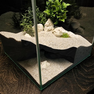 May include: A square glass terrarium containing light beige sand, several white jagged rocks, and green artificial plants. A black, curved, tunnel-like structure is embedded within the sand, creating a hollow space visible through the glass.