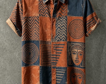 Men's Tribal Portrait Geometric Print Casual Short Sleeve Beach Vacation Shirt