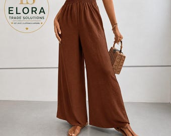 Pantalones de mujer de talle alto y pierna ancha, estilo holgado e informal, color liso, cintura elástica.
