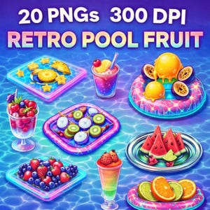 Paquete de imágenes PNG de frutas para piscina estilo retro, diseños de sublimación de verano estilo vaporwave (20 archivos PNG)