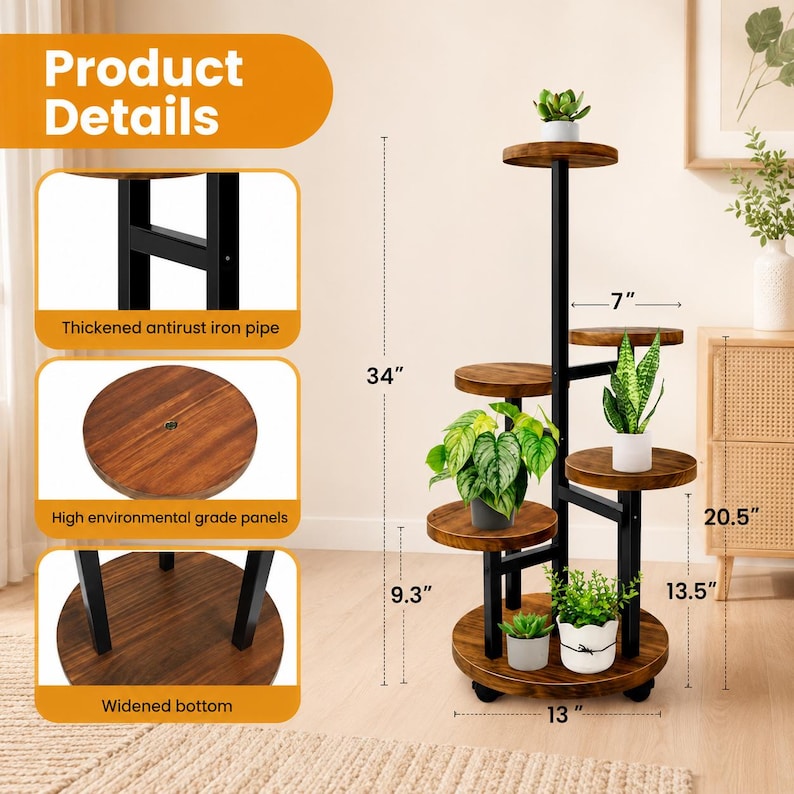 Pipe Rack Tier Layout 5 Tier Plant Stand With Wheels, Indoor Corner Plant Shelf, Metal Wood ...