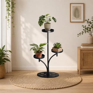 3-laags zwarte metalen plantenstandaard, plantenrek voor binnen en buiten, bloempottenrek voor in de hoek, stevige voet met klavertje vier.