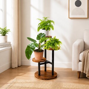 Tall Indoor Plant Stand, Metal Wood Flower Pot Holder, Modern Plant Display Shelf, Corner Plant Rack for Living Room Balcony Garden Decor