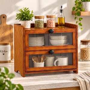 May include: A two-tier wooden storage cabinet with clear glass doors and black knobs. The top shelf holds a stack of white plates and two white bowls. The bottom shelf contains a small white bowl with wooden spoons, two white mugs, and a cup.
