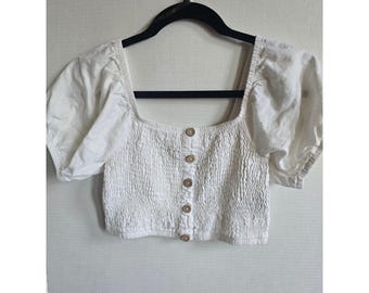 Top corto Simply Blue White con maniche a sbuffo arricciate, taglia M, stile cottagecore, contadina, lattiera