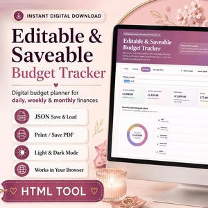 May include: A digital budget tracker displayed on a computer monitor, featuring an editable interface with sections for income, expenses, and savings. The screen shows a monthly spending pie chart and financial data. Text includes Editable & Saveable Budget Tracker.