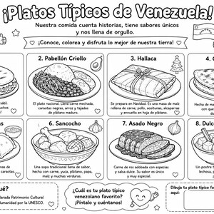 May include: A black and white coloring sheet titled ¡Platos Típicos de Venezuela! featuring eight numbered illustrations of Venezuelan dishes including arepa, pabellón criollo, hallaca, cachapa, empanadas, sancocho, asado negro, and dulce de lechosa.