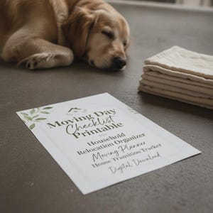 May include: A white rectangular paper sheet featuring the text Moving Day Checklist Printable, Household Relocation Organizer, Moving Planner, House Transition Tracker, and Digital Download, decorated with green leaf illustrations and a small house icon.
