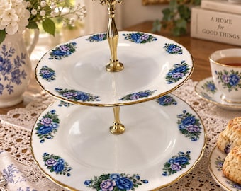 Vintage 1989 English Garden Fine China 2 Tier Serving Stand Japan Blue Lavender Floral Roses Gold Trim Tidbit Tray