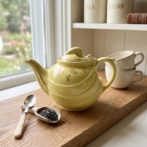 Vintage Hall China #0799 Parade Teapot, Canary Yellow with Gold Oak Leaves