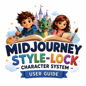 May include: A graphic illustration featuring a boy and girl drawing, a green dragon, and a castle behind an open book. The text reads MIDJOURNEY STYLE-LOCK CHARACTER SYSTEM USER GUIDE in bold, colourful letters against a background of clouds and stars.