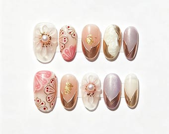 3D Floral Press On Nails, Pearl Gold Foil Fake Nails, Soft Pink Purple Cat Eye Oval Press Ons, Elegant Acrylic False Nails For Wedding
