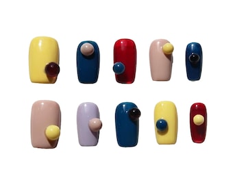 Medium Square Press On Nails, 90s American Retro Color Block Bead Nails, 3D Round Ball Stud, Old School Candy Manicure for Work Flea Market