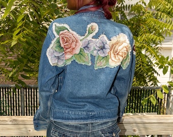 Upcycled floral butterfly patch denim jean jacket