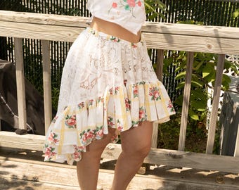 Handmade yellow plaid lace waterfall skirt