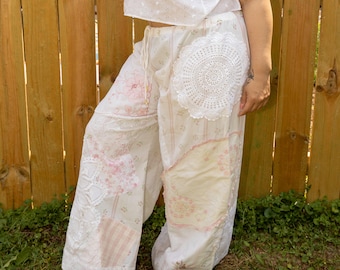 Handmade coquette pastel doily wide leg pants