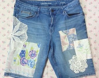 Upcycled vintage doily bermuda shorts