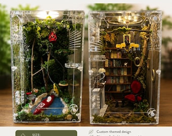 May include: Two clear acrylic jumping spider enclosures measuring 9.8 inches high by 5.9 inches wide and 5.9 inches deep. One features a forest scene with a red canoe and lantern, while the other depicts a library interior with a red chair and chandelier.