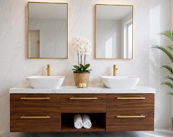 Modern Floating Double Vanity, Walnut Wood & Marble Top Bathroom Cabinet, Gold Hardware Dual Sink Vanity, LED Mirror Set Bathroom Furniture