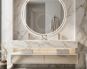 Designer Floating Double Bathroom Vanity | Wall Mounted Modern Vanity Cabinet | Marble Look Countertop | Luxury Bathroom Storage