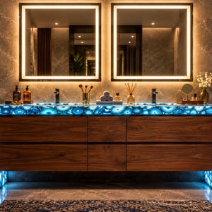 May include: A bathroom vanity featuring a dark wood cabinet with six drawers and a glowing blue agate stone countertop and legs. Two rectangular mirrors with integrated LED lighting are mounted above the dual sinks and black faucets.