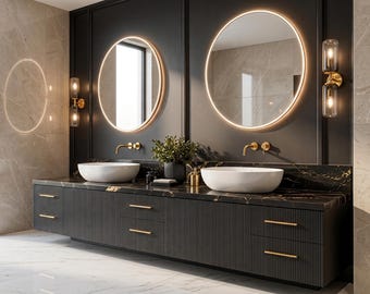 Contemporary Floating Double Bathroom Vanity | Black Fluted Cabinet | Portoro Gold Marble Countertop | Wall Mounted Vessel Sink