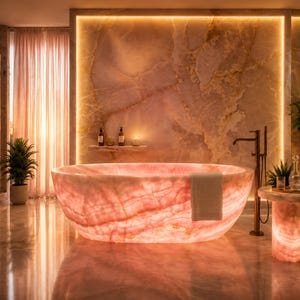 May include: A freestanding oval bathtub crafted from translucent pink onyx stone with a glowing interior. The tub features a smooth, polished surface with natural veining, a white towel draped over the side, and a tall bronze floor-mounted faucet.