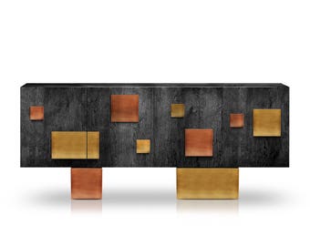 Sideboard SILENUS. Luxury handmade furniture. Brass, copper. Black furniture.  Gold A’ Design Award winner.