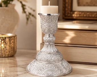 Set of 2 Ornate Silver Metal Candle Holder – Vintage Taper Candlestick Stand