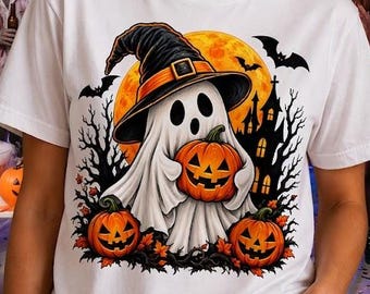 Halloween Ghost Witch Hat Pumpkin Shirt, Spooky Season Graphic Tee (Digital Download)