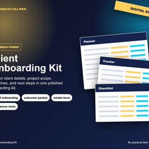 Könnte beinhalten: Ein digitales Client Onboarding Kit mit drei Dokumentvorlagen, beschriftet als Planner, Tracker und Checklist. Der dunkelblaue Hintergrund zeigt weißen Text, darunter Business Forms, Client Onboarding Kit und verschiedene Tags.
