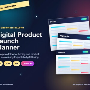 May include: A digital product launch planner with a dark blue background, featuring the text CrownDigitalPro, Digital Product Launch Planner, and a workflow description. Three stacked interface windows labeled Profit, Keywords, and Launch are shown.