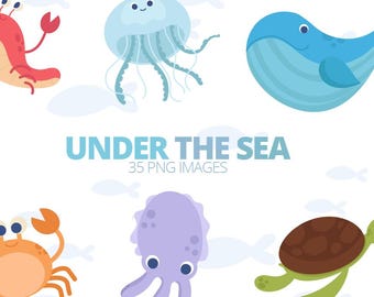 Cute Ocean PNG Clipart, Under the Sea Transparent PNG, Printable Sea Animals Bundle, Cute Marine Life Graphics, Digital Download