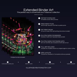 Collector bundle feature overview for Mega Lopunny EX extended binder art — binder page grids plus 8x10, 5x7, 4x6 and PSA-style framed prints, 300 DPI instant digital download