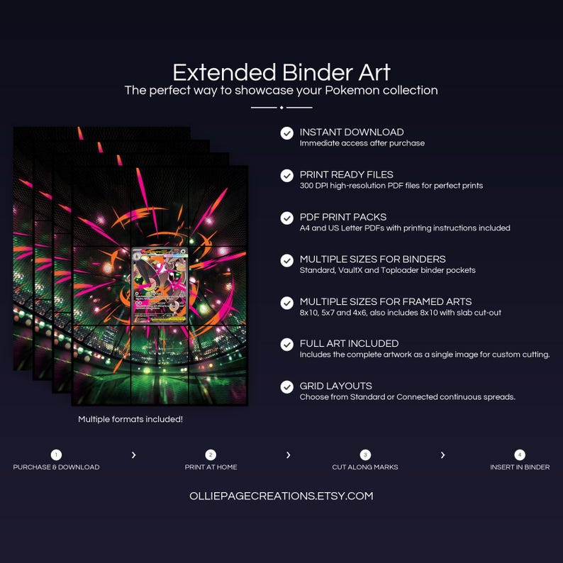 Collector bundle feature overview for Mega Lopunny EX extended binder art — binder page grids plus 8x10, 5x7, 4x6 and PSA-style framed prints, 300 DPI instant digital download