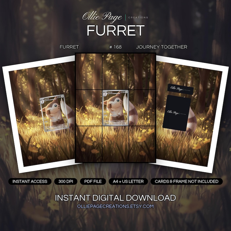 Furret 168/159 collector bundle — extended binder page plus 8x10 full-art and PSA framed prints in a Warm, atmospheric forest scene with golden sunlight filtering through tall trees, lush grass, and scattered yellow flowers creating a serene, enchanted woodland setting., printable digital download by Ollie Page Creations