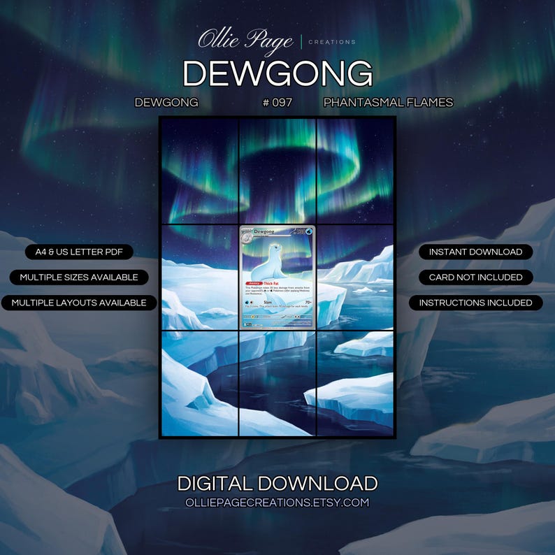 Dewgong 097/094 extended art binder page in a Ethereal arctic landscape with vibrant aurora borealis dancing above snow-covered ice formations and frozen water