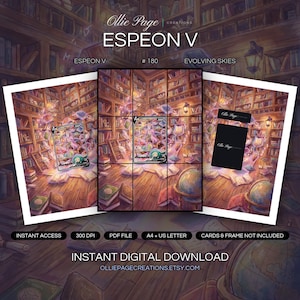 Espeon V 180/203 collector bundle — extended binder page plus 8x10 full-art and PSA framed prints in a Magical library interior with glowing neon books, wooden shelves, warm golden lighting, and pink luminescent energy floating throughout the wooden study room., printable digital download by Ollie Page Creations