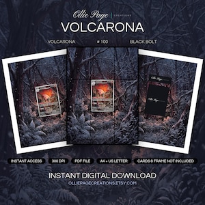 Volcarona 100/086 collector bundle — extended binder page plus 8x10 full-art and PSA framed prints in a Dramatic forest clearing with glowing embers, twisted dark trees, misty atmosphere, and fiery orange light illuminating dense woodland landscape.,