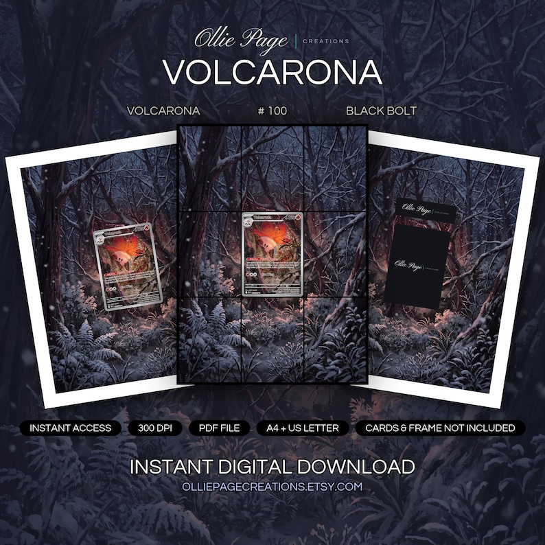 Volcarona 100/086 collector bundle — extended binder page plus 8x10 full-art and PSA framed prints in a Dramatic forest clearing with glowing embers, twisted dark trees, misty atmosphere, and fiery orange light illuminating dense woodland landscape.,