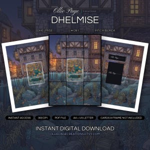 Dhelmise 091/084 collector bundle — extended binder page plus 8x10 full-art and PSA framed prints in a Twilight medieval harbor town with glowing windows