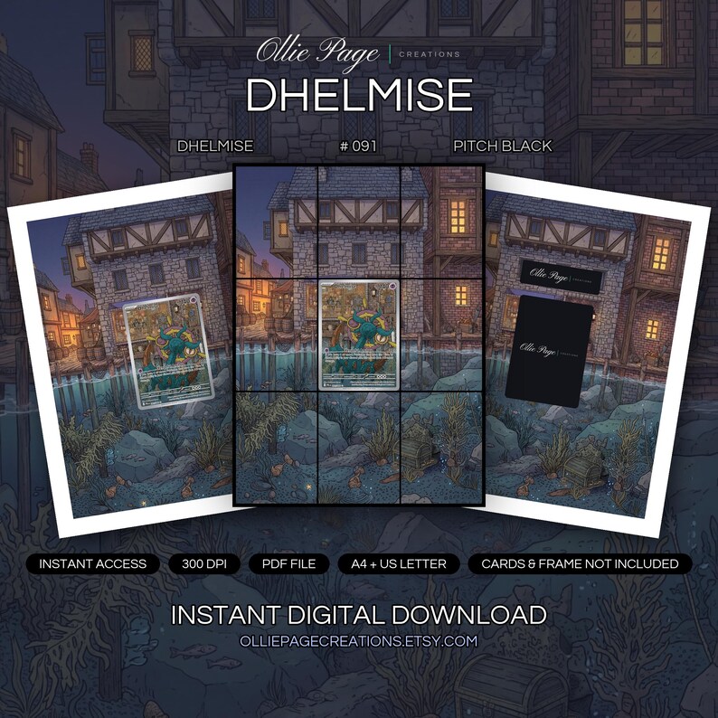 Dhelmise 091/084 collector bundle — extended binder page plus 8x10 full-art and PSA framed prints in a Twilight medieval harbor town with glowing windows