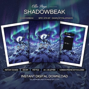 Shadowbeak BP01-074-SP collector bundle — extended binder page plus 8x10 full-art and PSA framed prints in a Dramatic aurora borealis lights dance across a star-filled night sky above snow-covered mountains, pine forests, and a full moon in an ethereal winter landscape., printable digital download by Ollie Page Creations