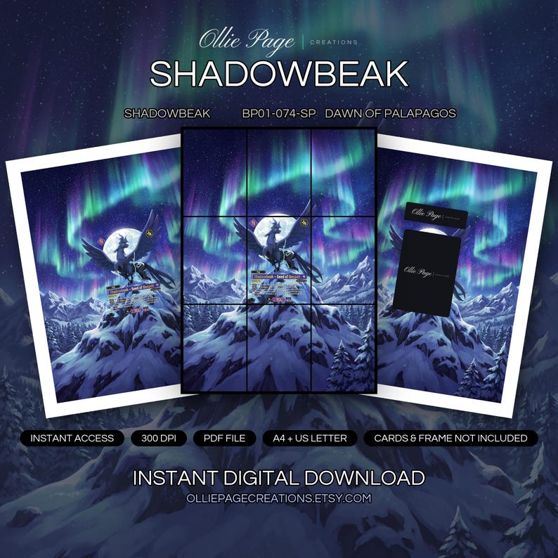 Shadowbeak BP01-074-SP collector bundle — extended binder page plus 8x10 full-art and PSA framed prints in a Dramatic aurora borealis lights dance across a star-filled night sky above snow-covered mountains, pine forests, and a full moon in an ethereal winter landscape., printable digital download by Ollie Page Creations
