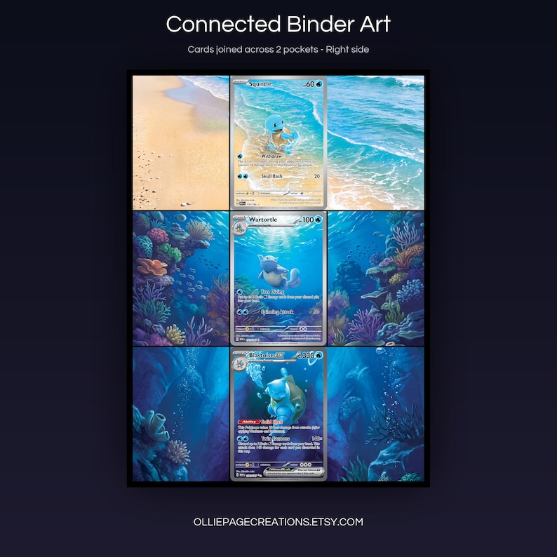 Blastoise Evolution 170 + 171 + 200 connected binder art joining across two pockets, right side, printable extended card display for 9-pocket binders
