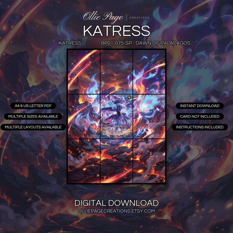 Katress BP01-075-SP extended art binder page in a Dramatic volcanic landscape with swirling blue and orange flames, glowing lava flows, dark rocky terrain, and intense mystical energy radiating throughout the fiery atmosphere., printable 9-pocket TCG display insert by Ollie Page Creations
