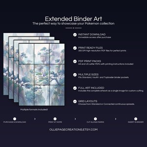 Product feature overview for Mienshao extended binder art — 300 DPI print-ready files, multiple sizes and grid layouts, instant digital download