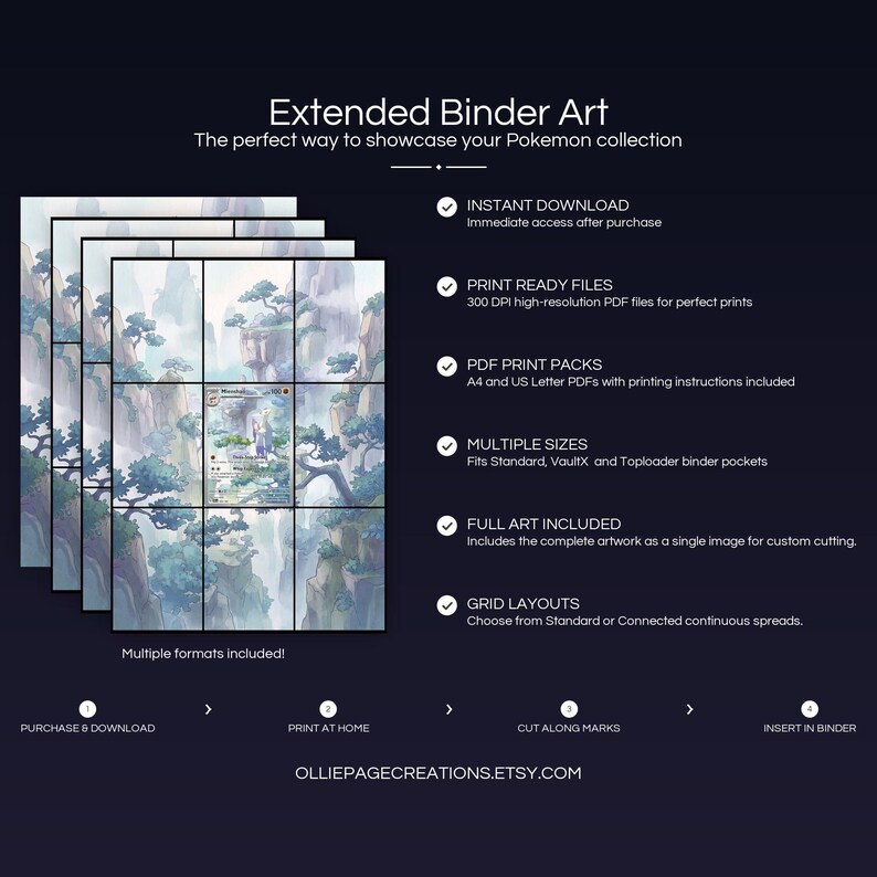 Product feature overview for Mienshao extended binder art — 300 DPI print-ready files, multiple sizes and grid layouts, instant digital download
